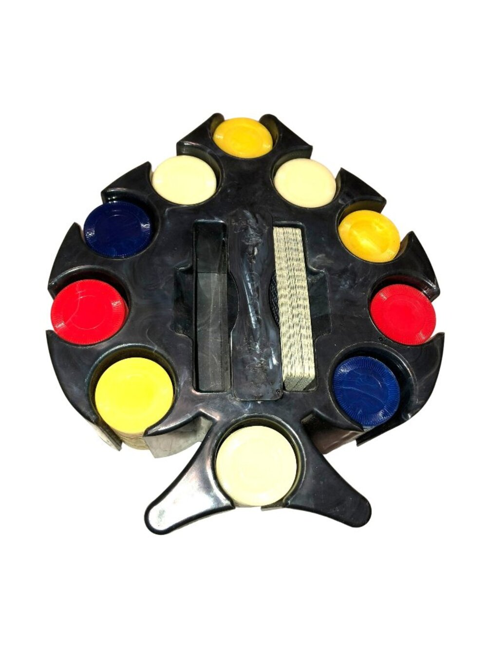Vintage Poker Chip Caddy with Chips 10"x 9" x 4" Black Swirled Swivels